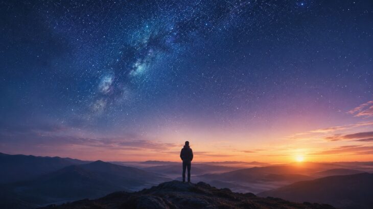 星空と夜明けが重なる山頂でひとり立つ人物。宇宙と人間のつながりを探る神智学の世界観を表した風景