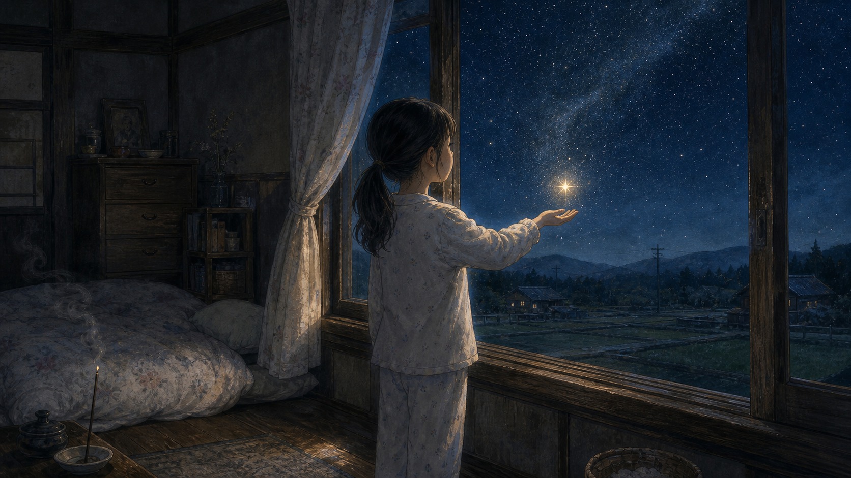 夜の窓辺で女の子が星へ手を伸ばす挿絵