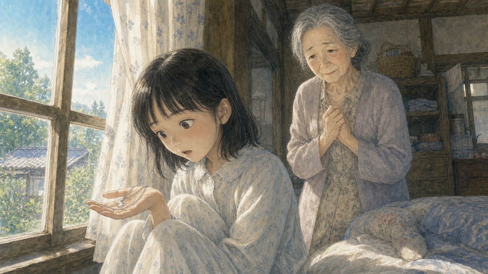 朝の窓辺で女の子が手のひらの銀のネックレスを見つめる挿絵