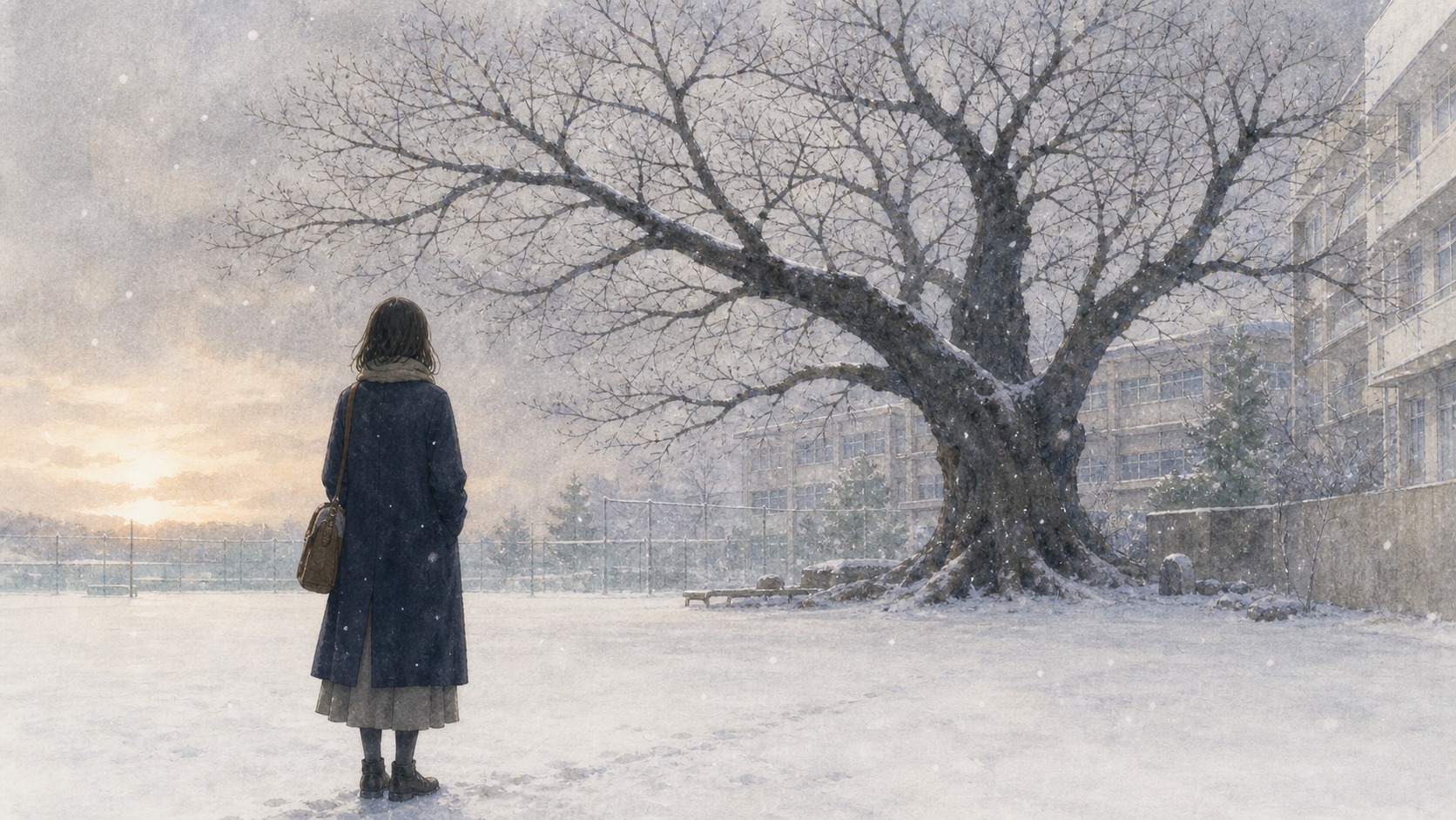 雪の校庭で葉のない桜の木を見上げる女性の挿絵