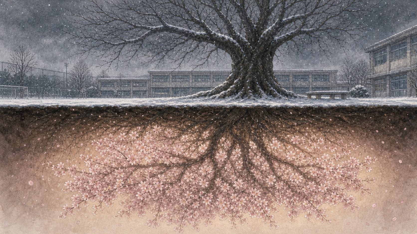 雪の下の地底で満開の桜が咲いている幻想的な挿絵