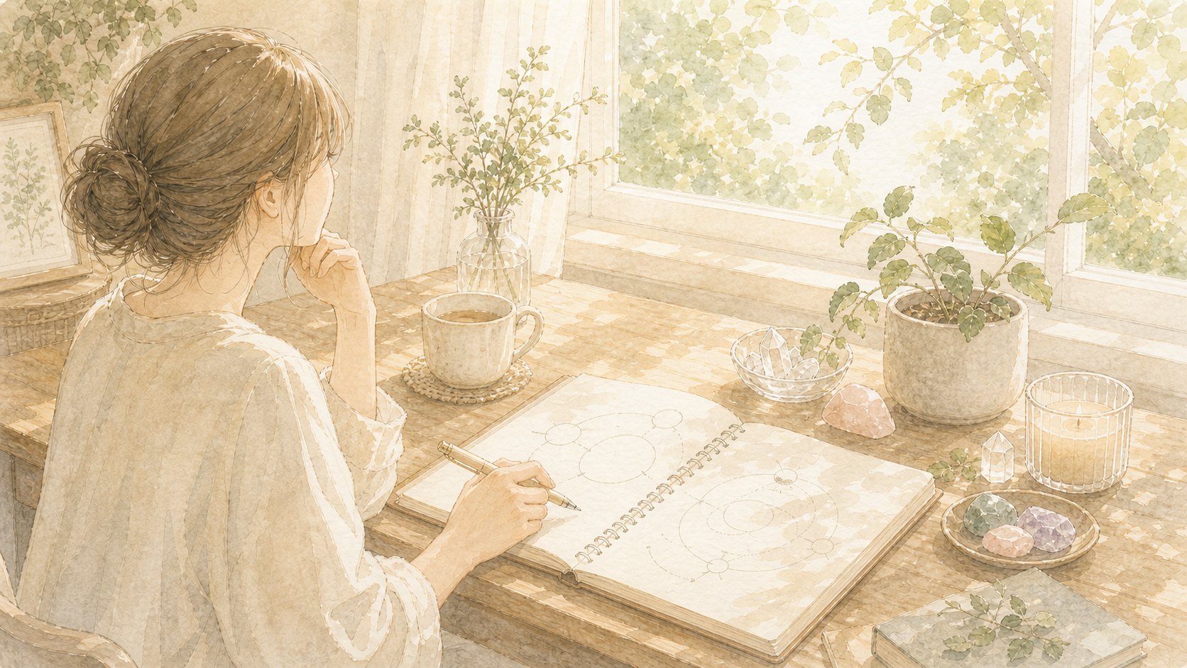 窓辺で願いを整理するノートの手書き風イラスト