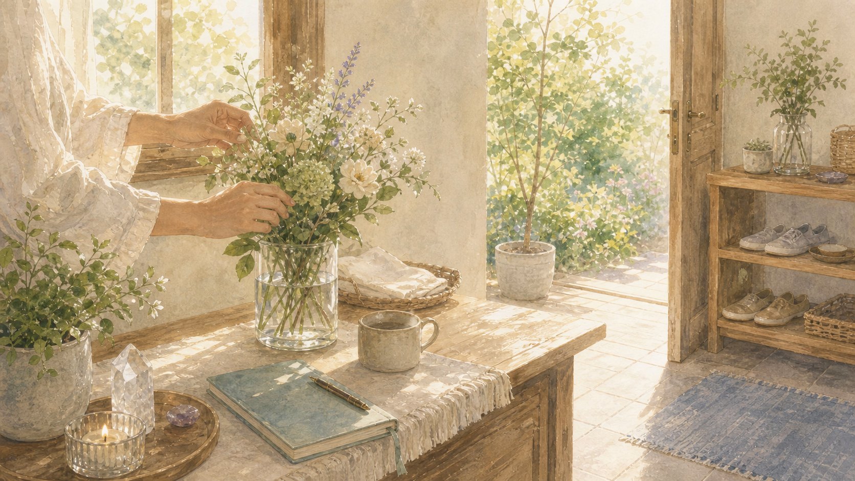 明るい部屋で花を整える開運習慣の挿絵