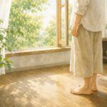 朝の部屋で裸足で立ち、床の感覚に意識を向けるグラウンディングの挿絵