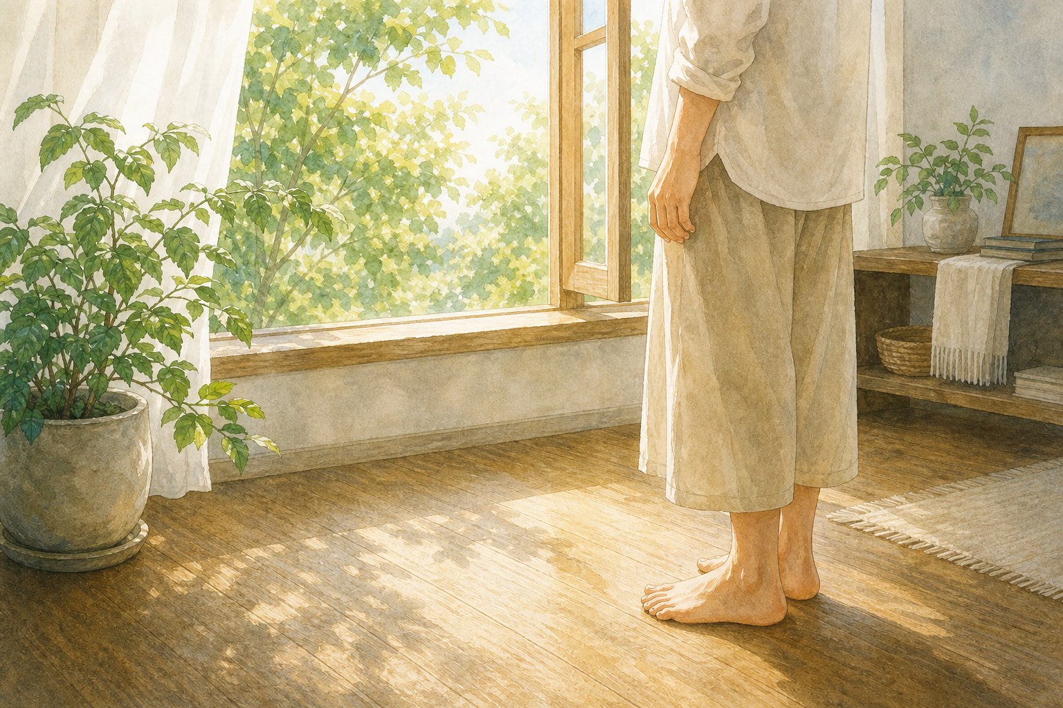 朝の部屋で裸足で立ち、床の感覚に意識を向けるグラウンディングの挿絵