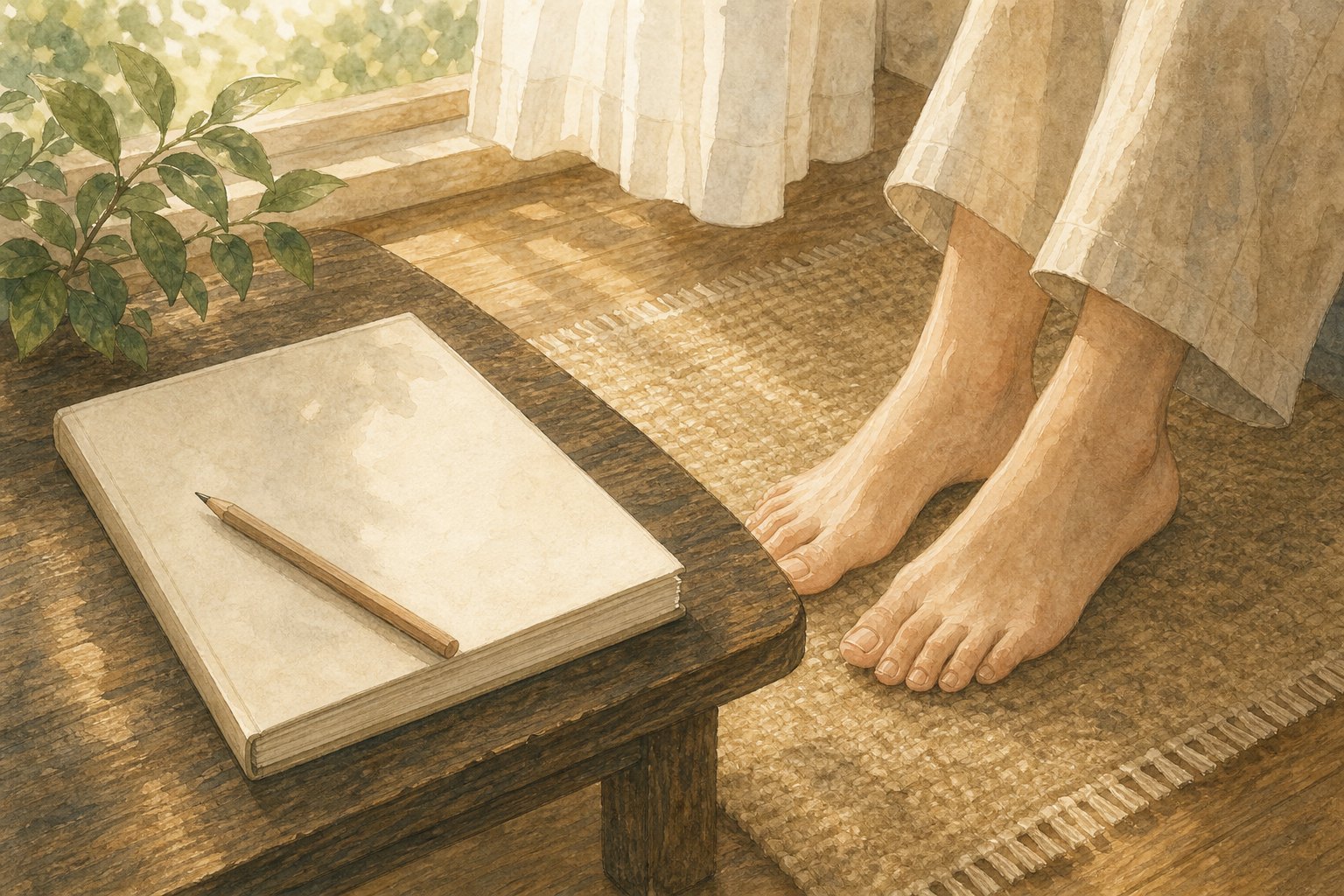 ノートと植物のそばで足元の感覚を確かめるグラウンディングの挿絵