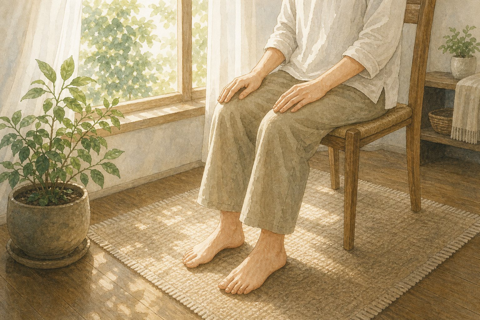 椅子に座って足裏を床につけ、呼吸を整えるグラウンディングの挿絵