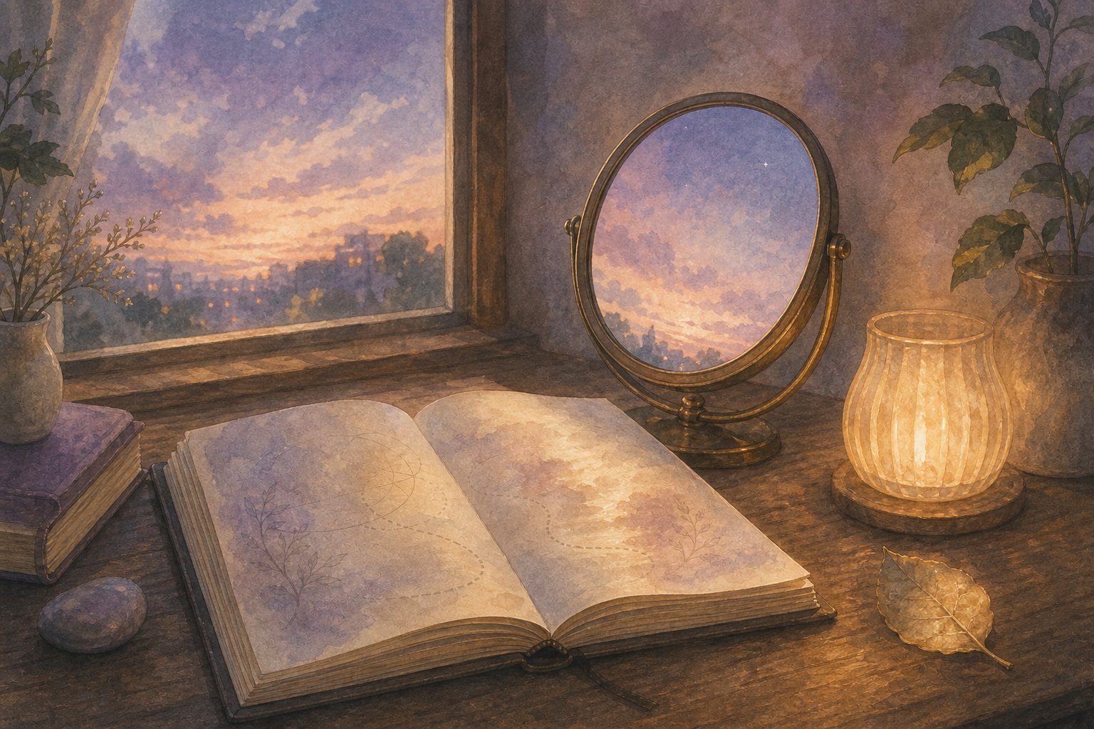 夕暮れの窓辺に置かれたノートと鏡、柔らかな灯りの挿絵
