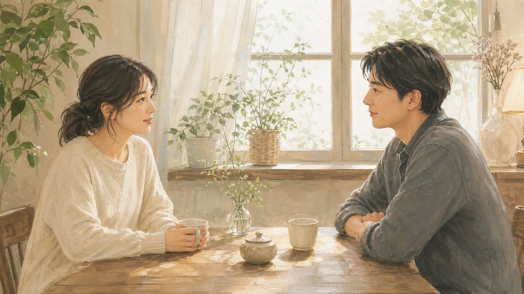 穏やかに向き合いながら話を聞く二人の挿絵