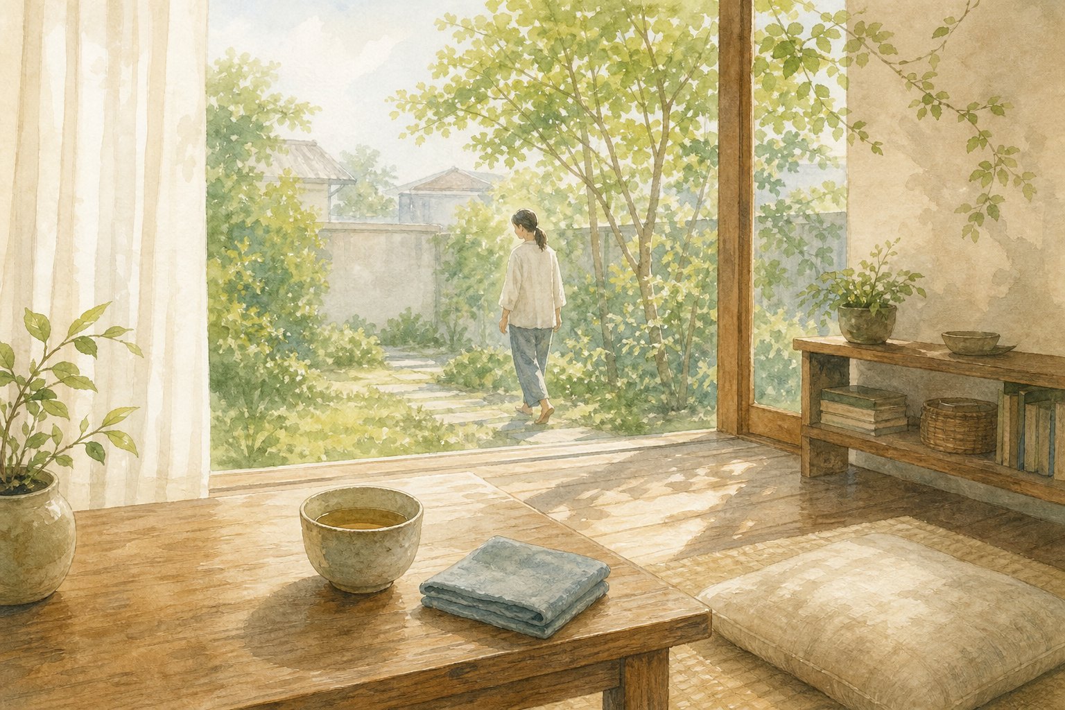 窓辺の部屋から庭へゆっくり歩く人物とお茶が描かれた、マインドフルネスをイメージした手描き風の挿絵