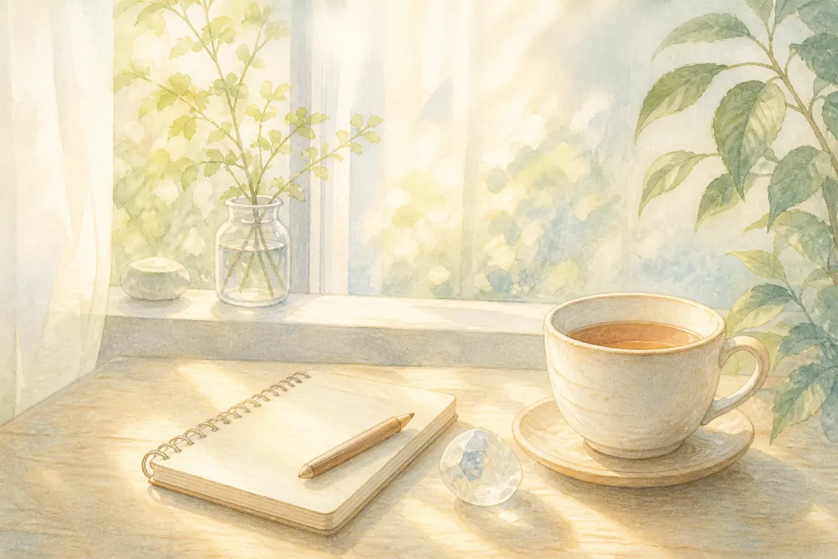 手描き風の机辺のイラスト。ノート、植物、クリスタルが静かな朝の光に置かれている