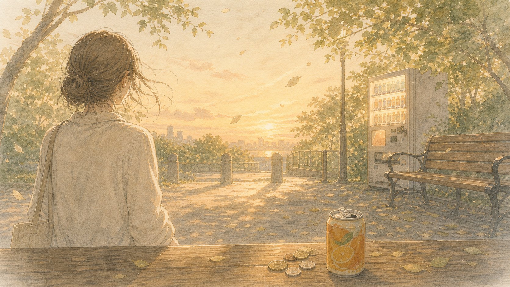 夕暮れの公園と缶ジュースと風の手書き風イラスト