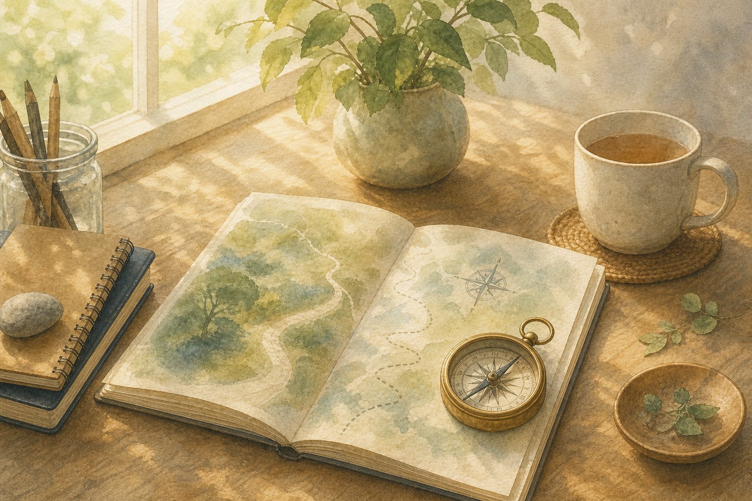 ノートの地図とコンパス、植物が朝の光に置かれた挿絵