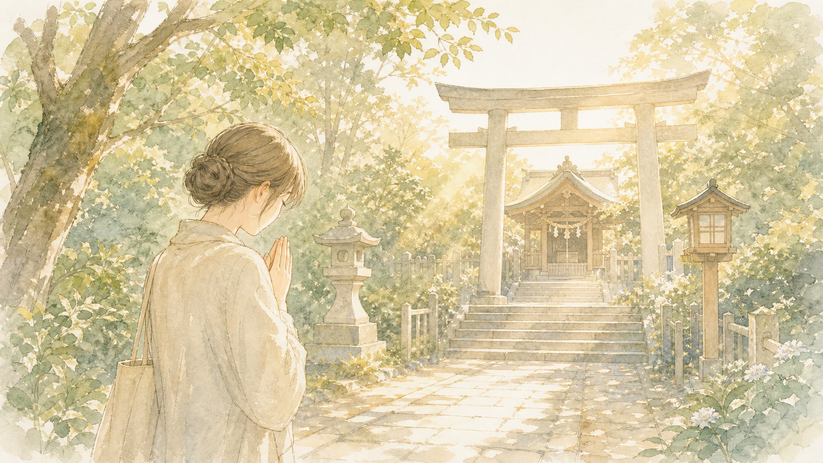朝の神社で静かに手を合わせる人物の手書き風イラスト