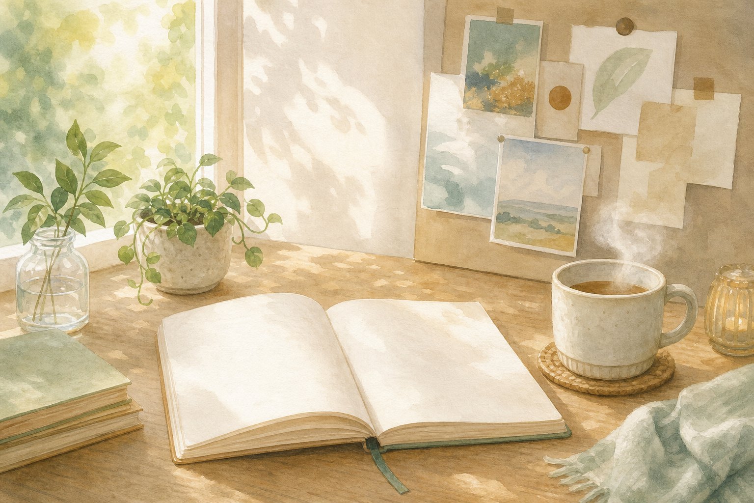 朝の机に開いたノートと植物が置かれた、潜在意識と自己実現をイメージした手描き風の挿絵