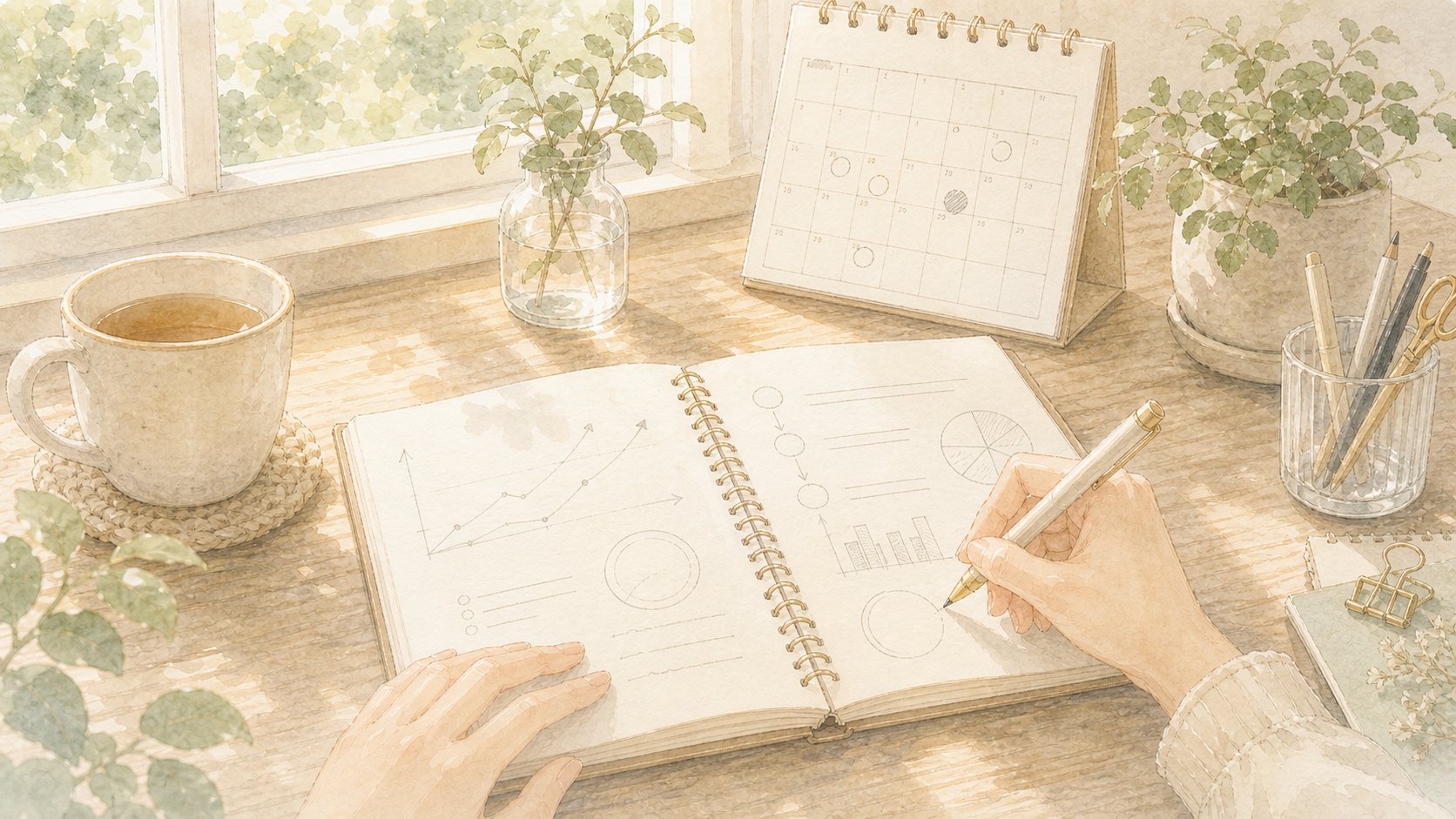 朝の机で目標を整理する手元の手書き風イラスト