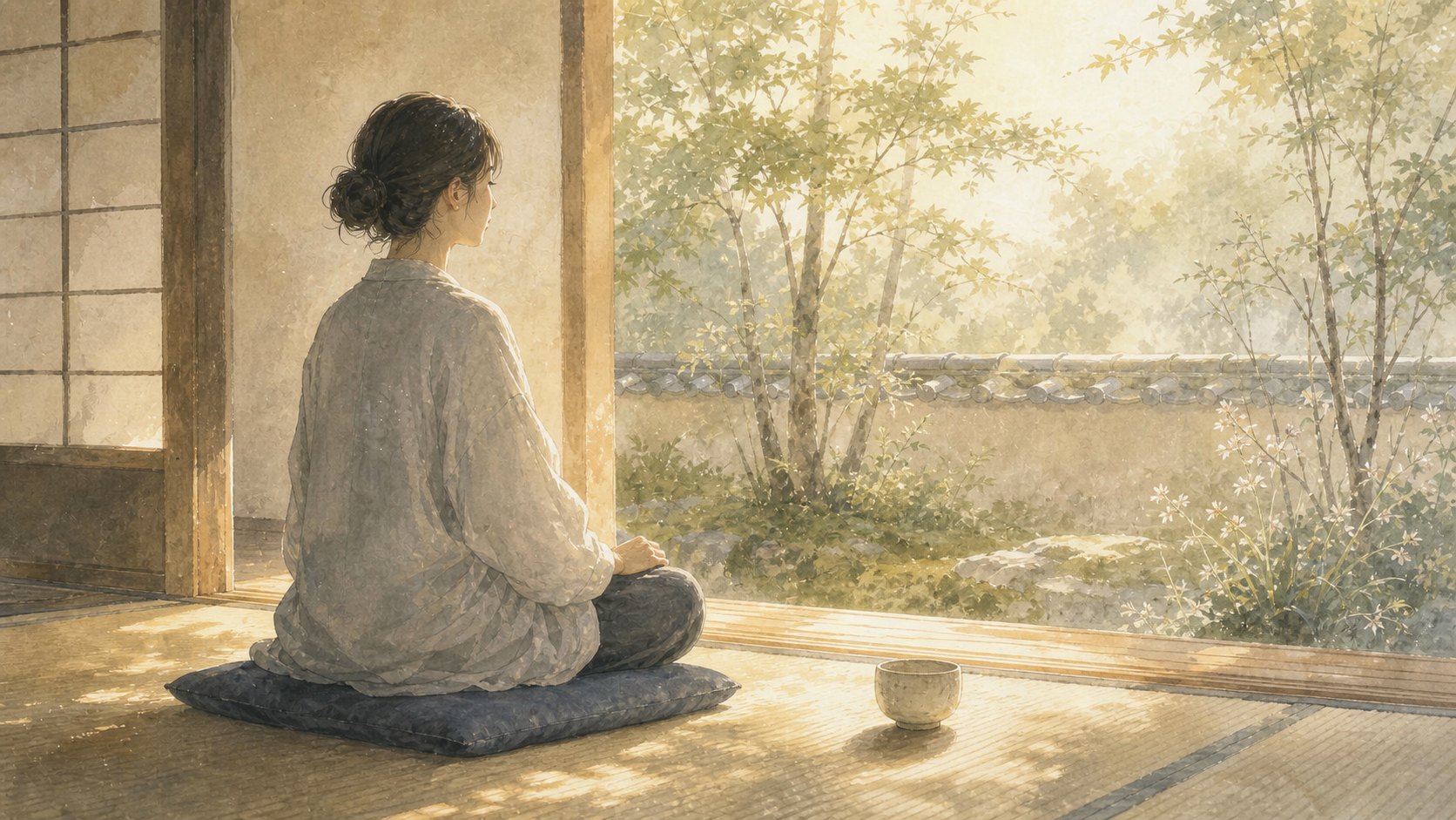 静かな縁側で坐る人と庭の挿絵