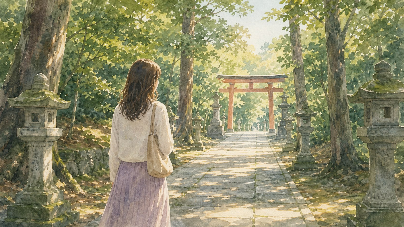 神社の参道を歩きながら特別な感覚がない自分を見つめる水彩イラスト