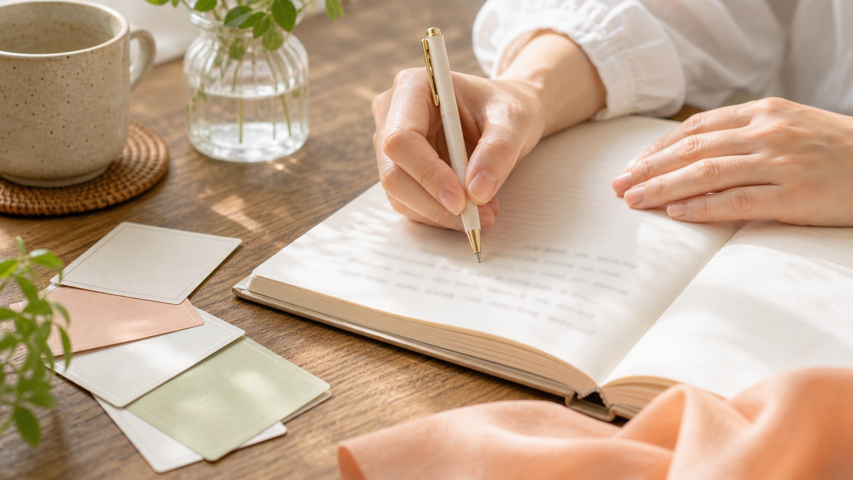短い言葉を手帳に書いて自分に向ける手元