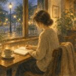 夕方のカフェでノートに言葉を書く人物