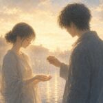 夢の広場で男性が女性へネックレスを差し出す再会の場面
