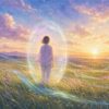 夕暮れの草原に立つ人物を淡いオーラと色の風が包んでいる