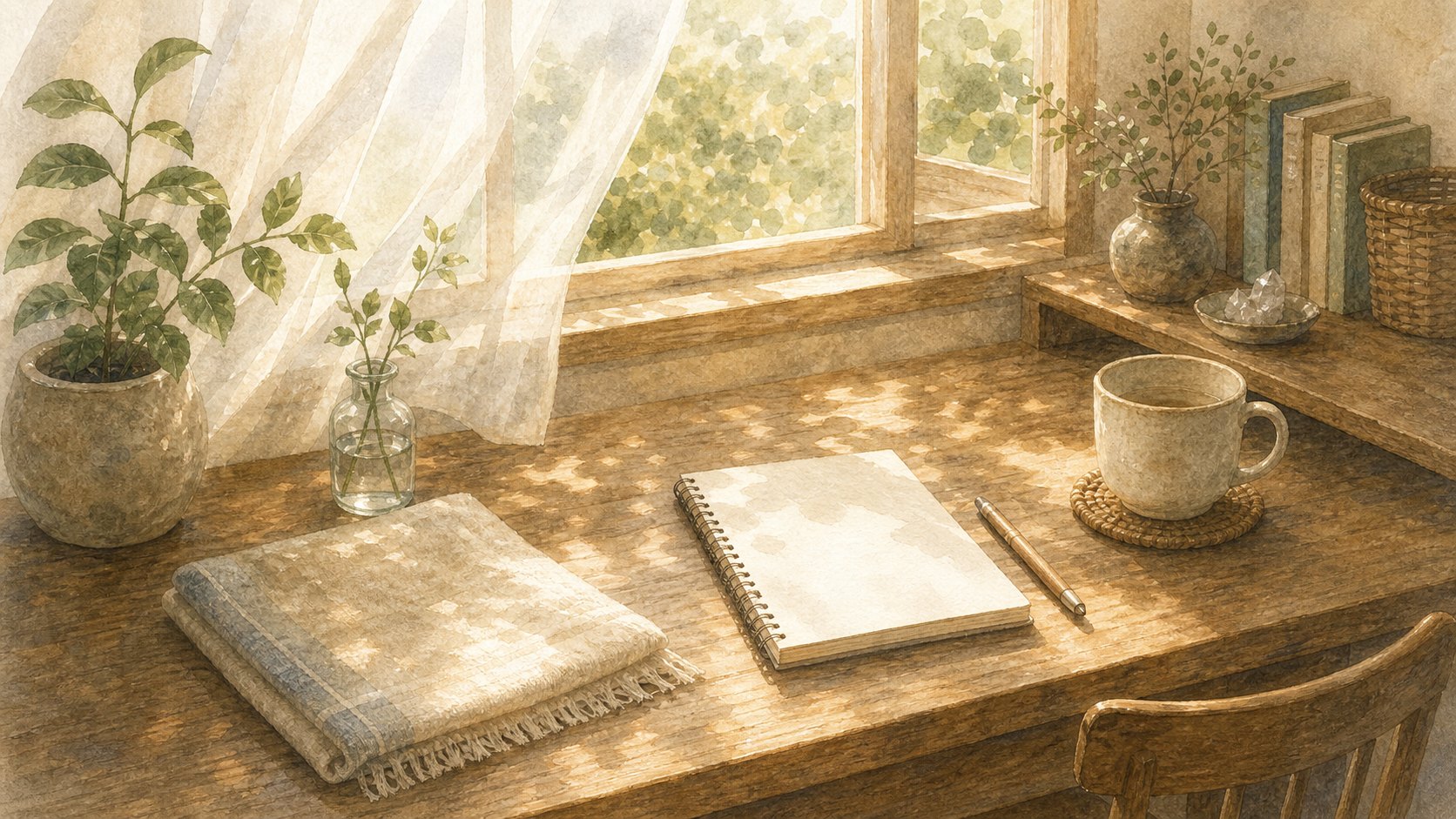 ノートとお茶が置かれた窓辺の机と柔らかな光