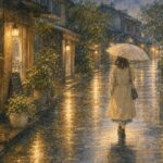 雨の夜道を傘をさして歩く人物