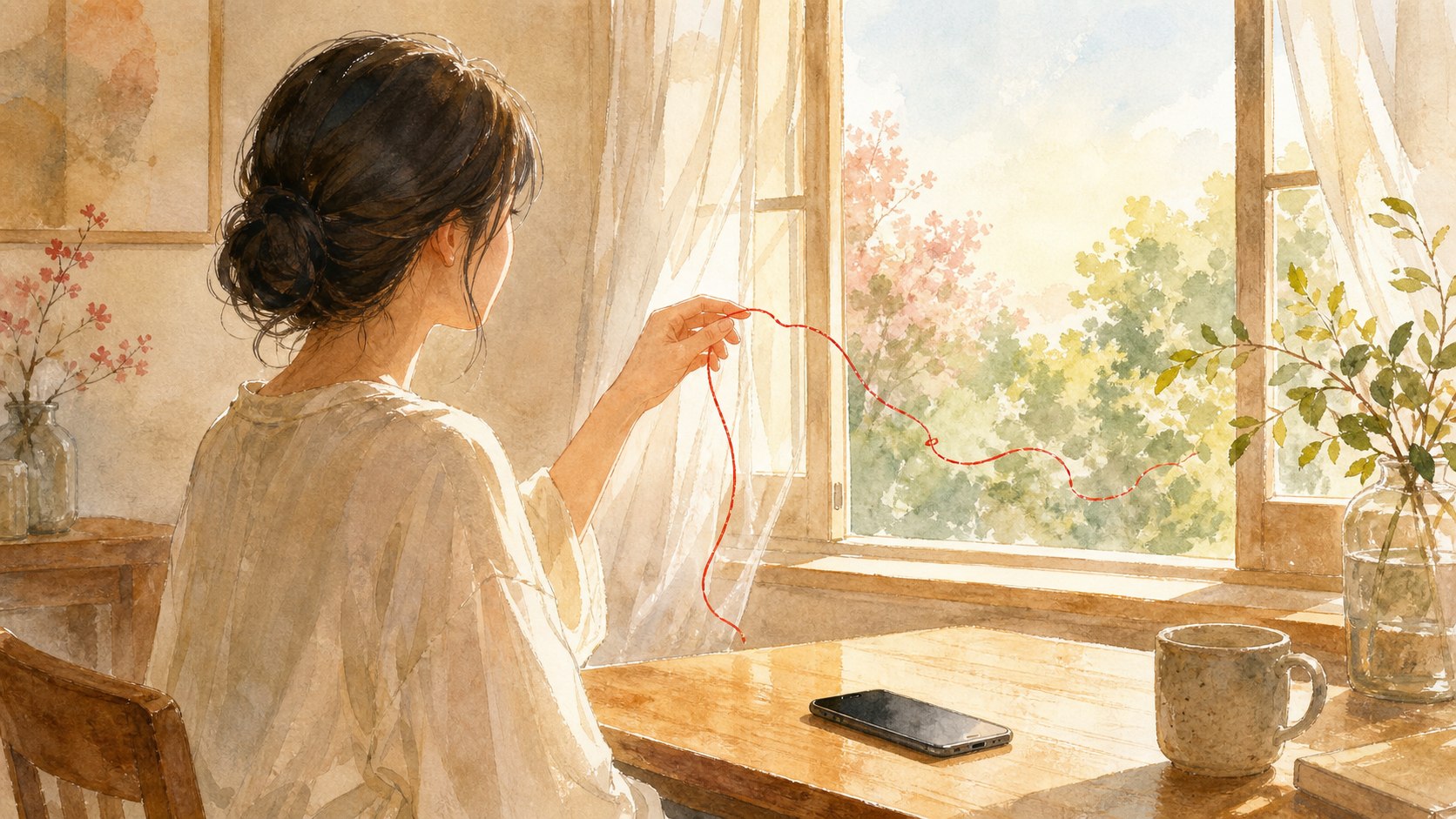 明るい窓辺で赤い糸を手放す女性と伏せたスマホ