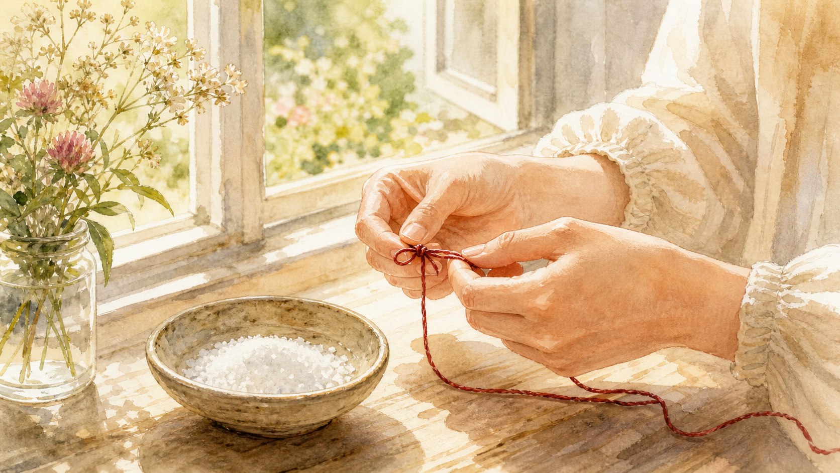 窓辺で赤い糸を結ぶ手元と塩の器