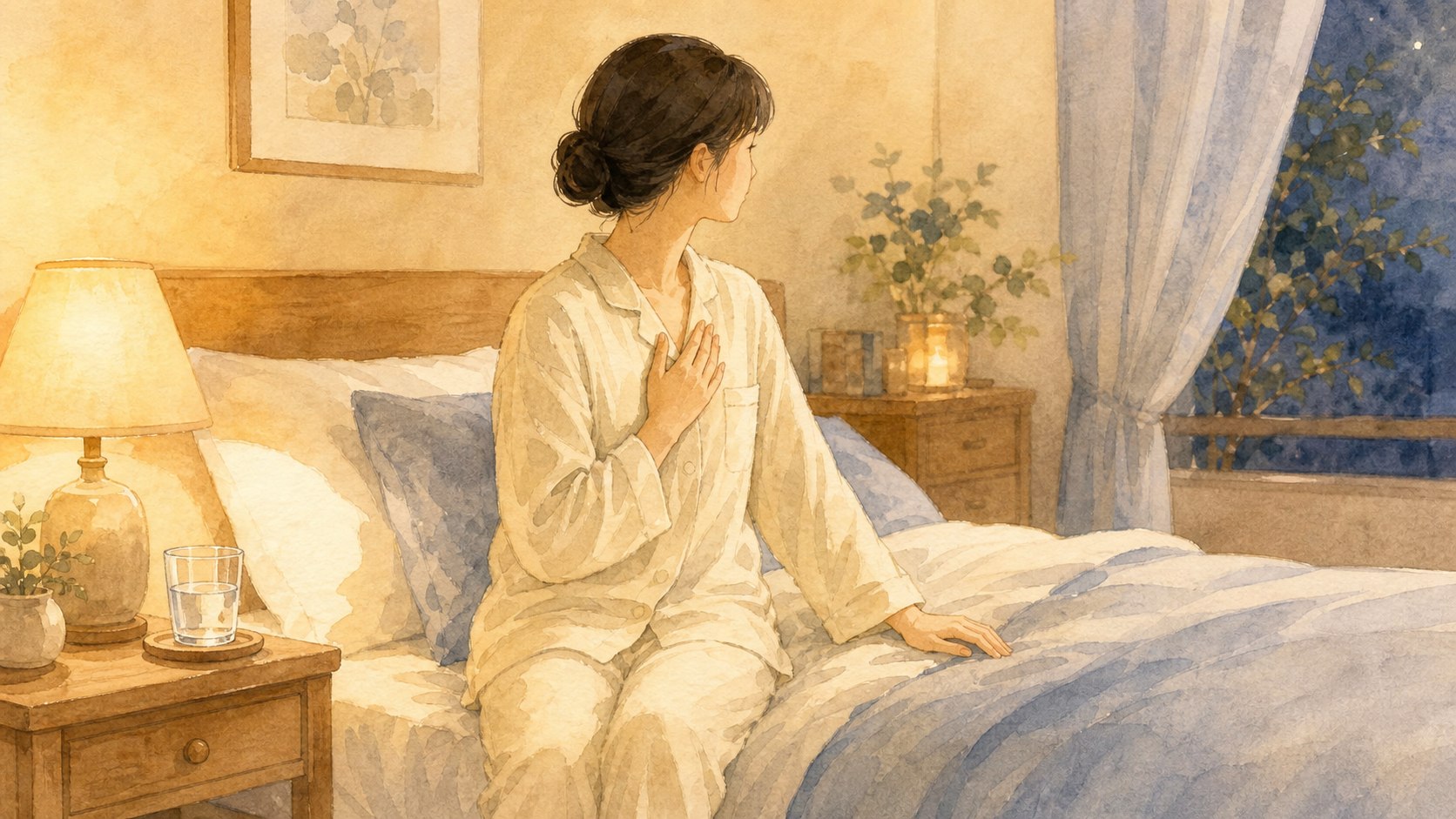 眠る前の寝室で胸に手を当てて呼吸を整える人