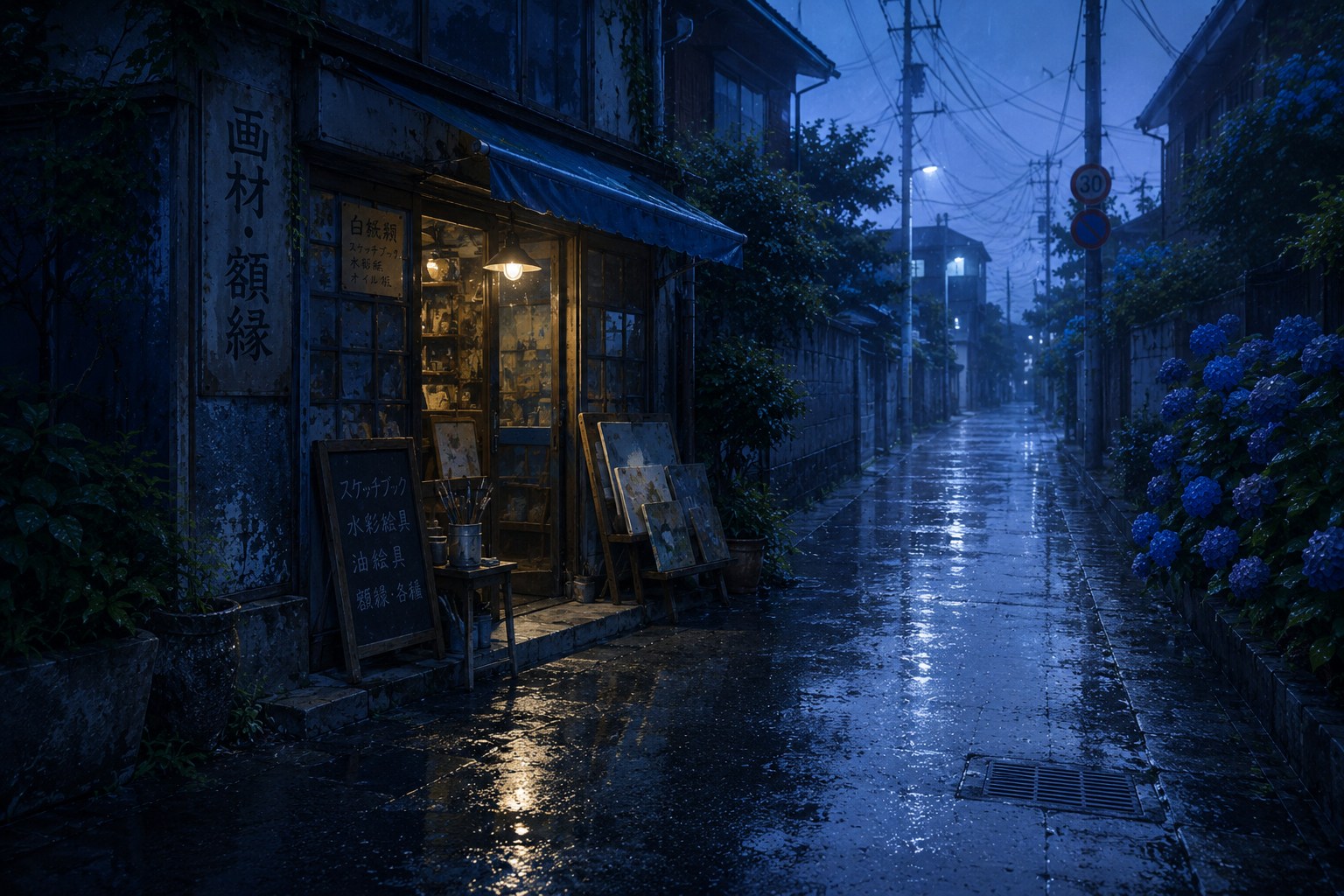 雨の路地にある古い画材屋の前を通りかかる場面のイラスト