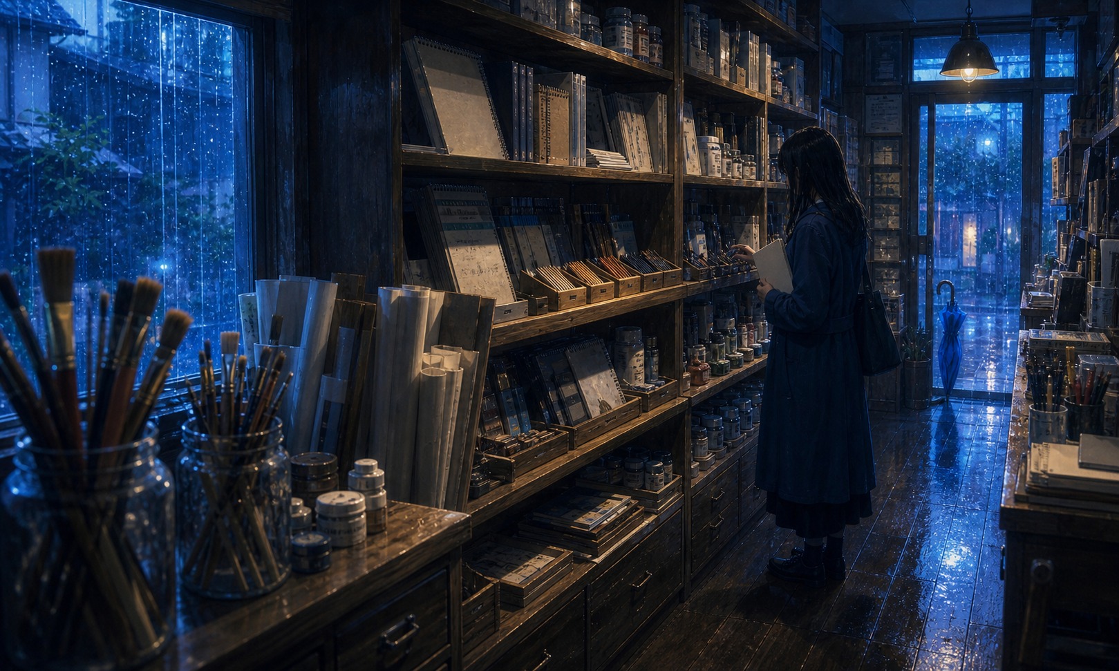 雨の日の画材店で、スケッチブックと鉛筆を選ぶ場面のイラスト