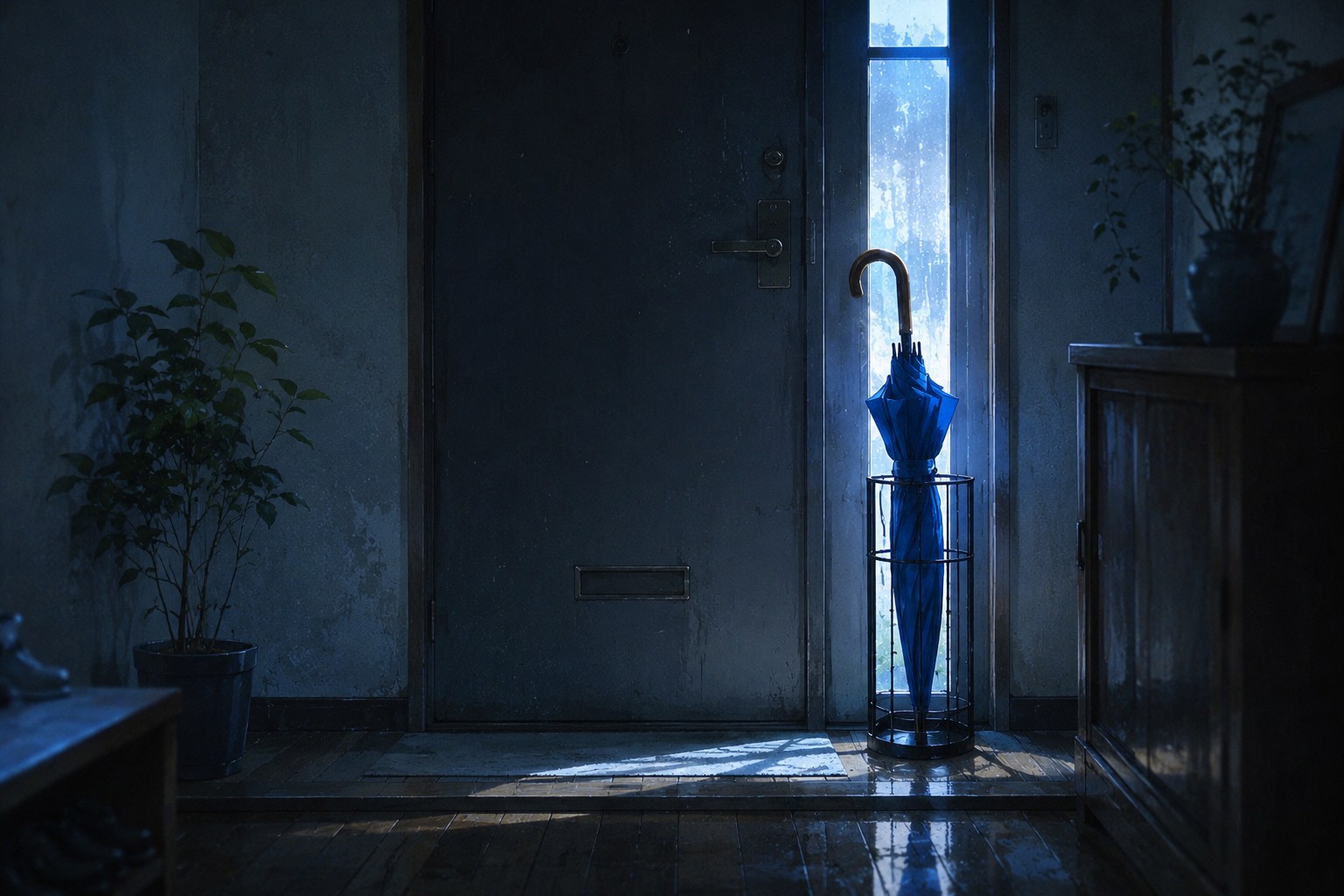 雨の光が差し込む玄関で、傘立てに青い傘が置かれているイラスト