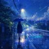 雨の夜道を青い傘を差して歩く女性のイラスト
