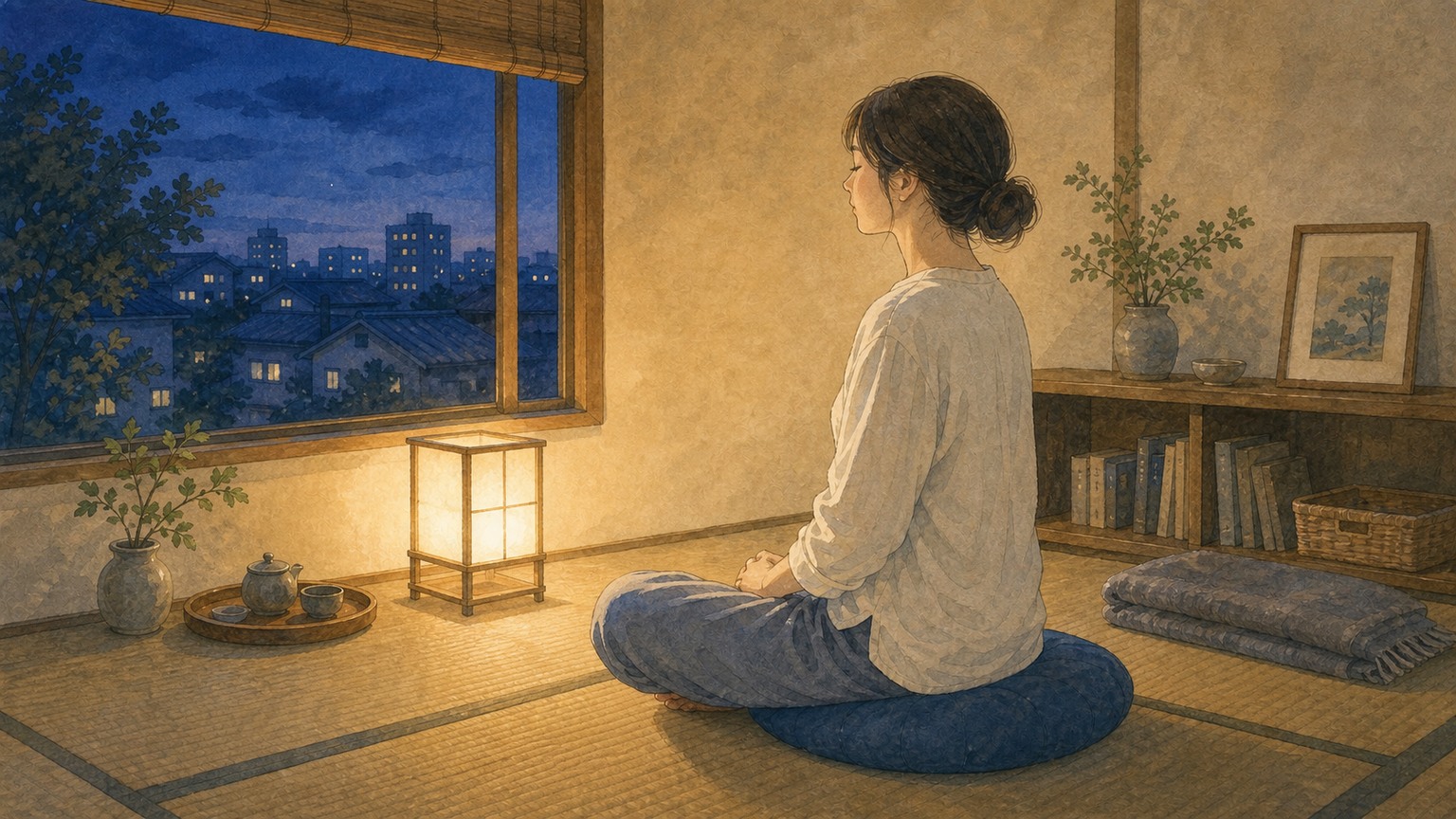 夜の畳の部屋で座って呼吸法を試す人のイラスト