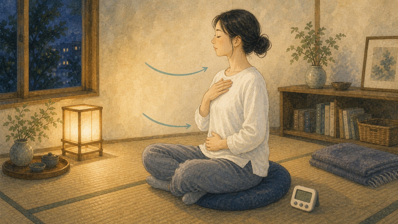 胸とお腹に手を置いて呼吸を確認しながら呼吸法を試す人のイラスト