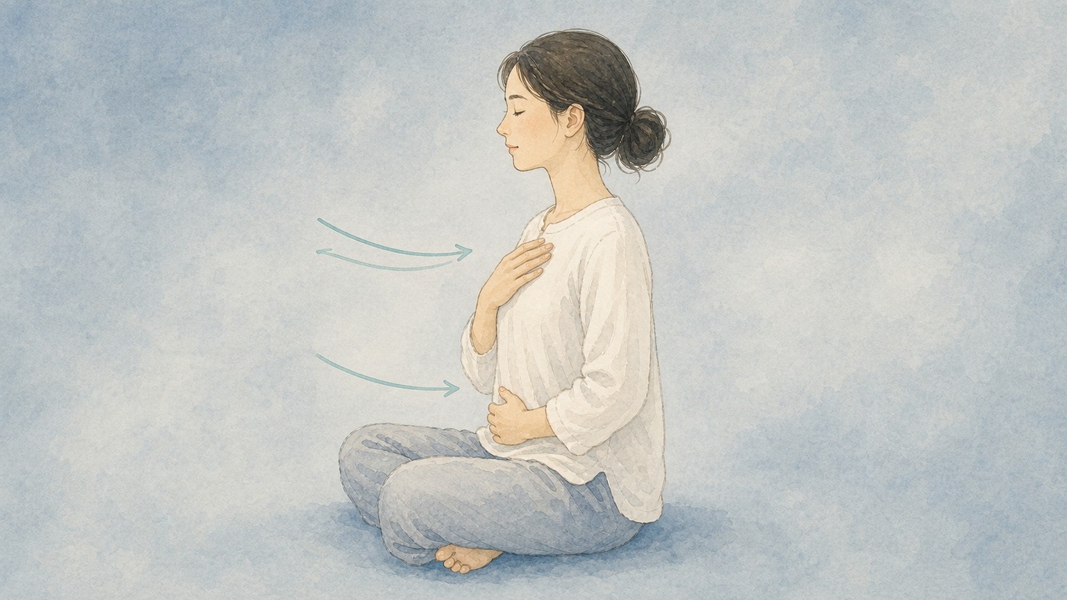 胸とお腹に手を置いて呼吸を観察する姿勢のイラスト