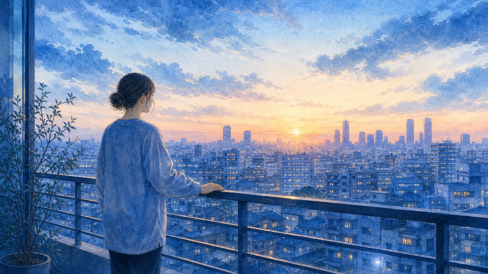 夜明けの都市を見渡すベランダに立つ人物