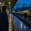 雨上がりの駅ホームで同じ黄色い傘を持つ人たちを見つめる人物