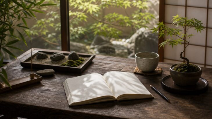 庭を望む和室の机にノートと盆栽が置かれた東洋思想のイメージ