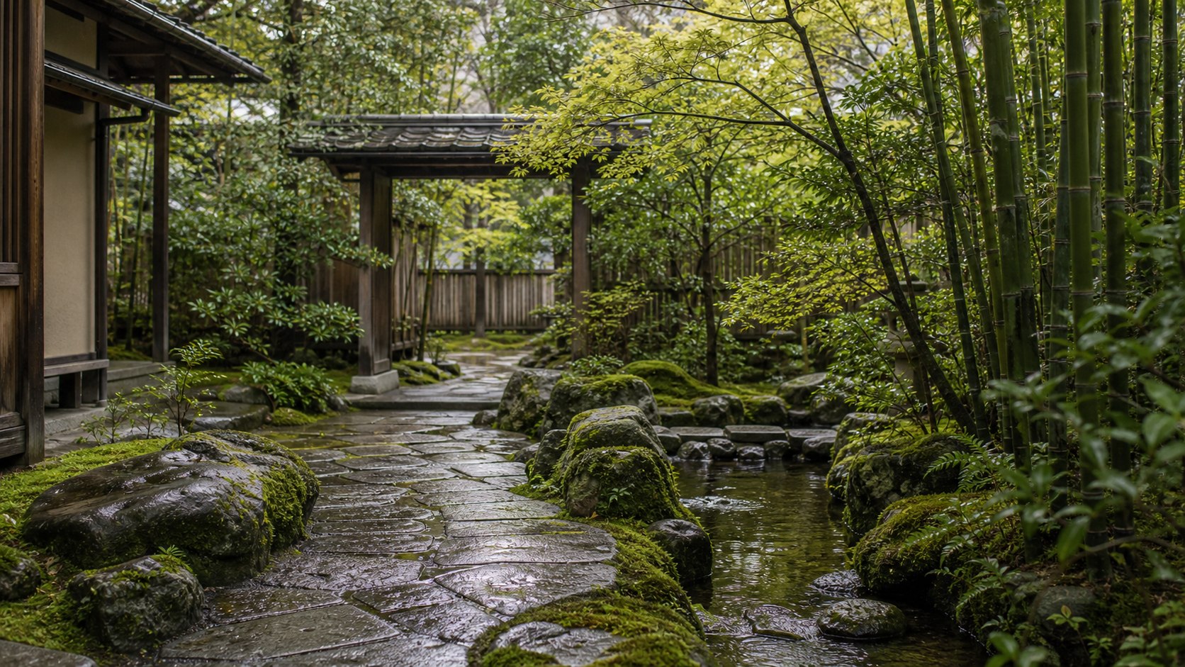 苔と竹のある静かな日本庭園の小道