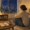 夜の部屋でスマホを伏せて心を落ち着ける女性の水彩イラスト