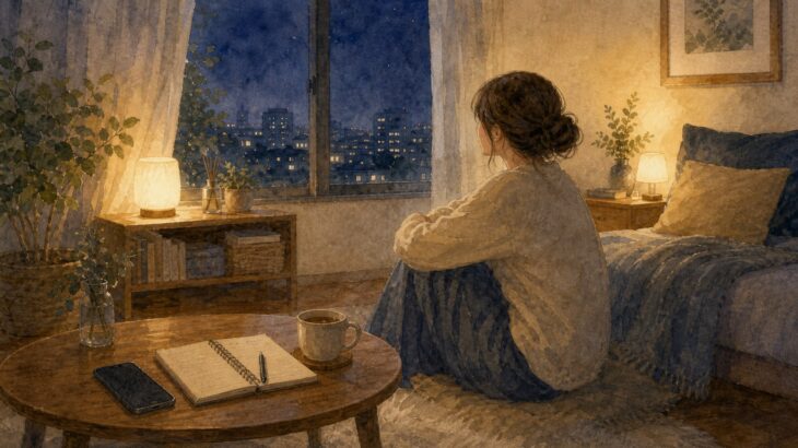 夜の部屋でスマホを伏せて心を落ち着ける女性の水彩イラスト