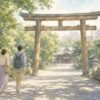 はじめての神社めぐりで鳥居へ向かう男女の水彩イラスト