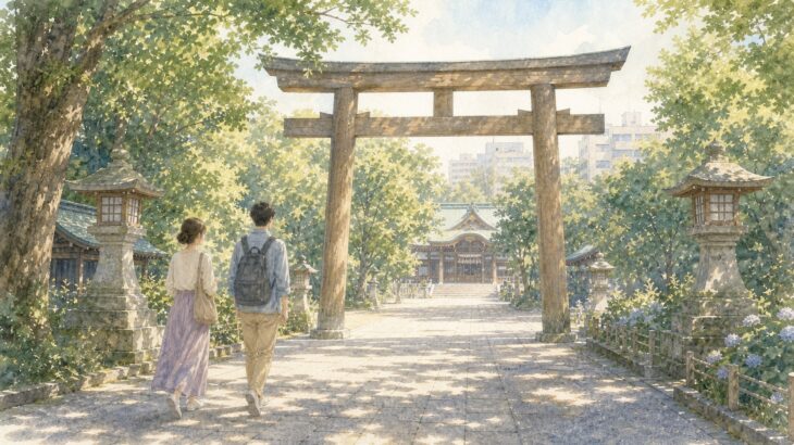 はじめての神社めぐりで鳥居へ向かう男女の水彩イラスト