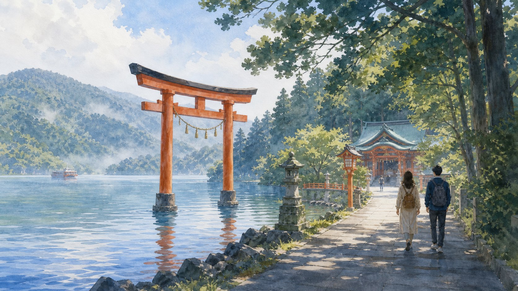 箱根神社と九頭龍神社をイメージした湖畔の鳥居と山並みの水彩イラスト