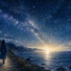 星空の下の海辺の道を歩く人物と水平線の淡い光