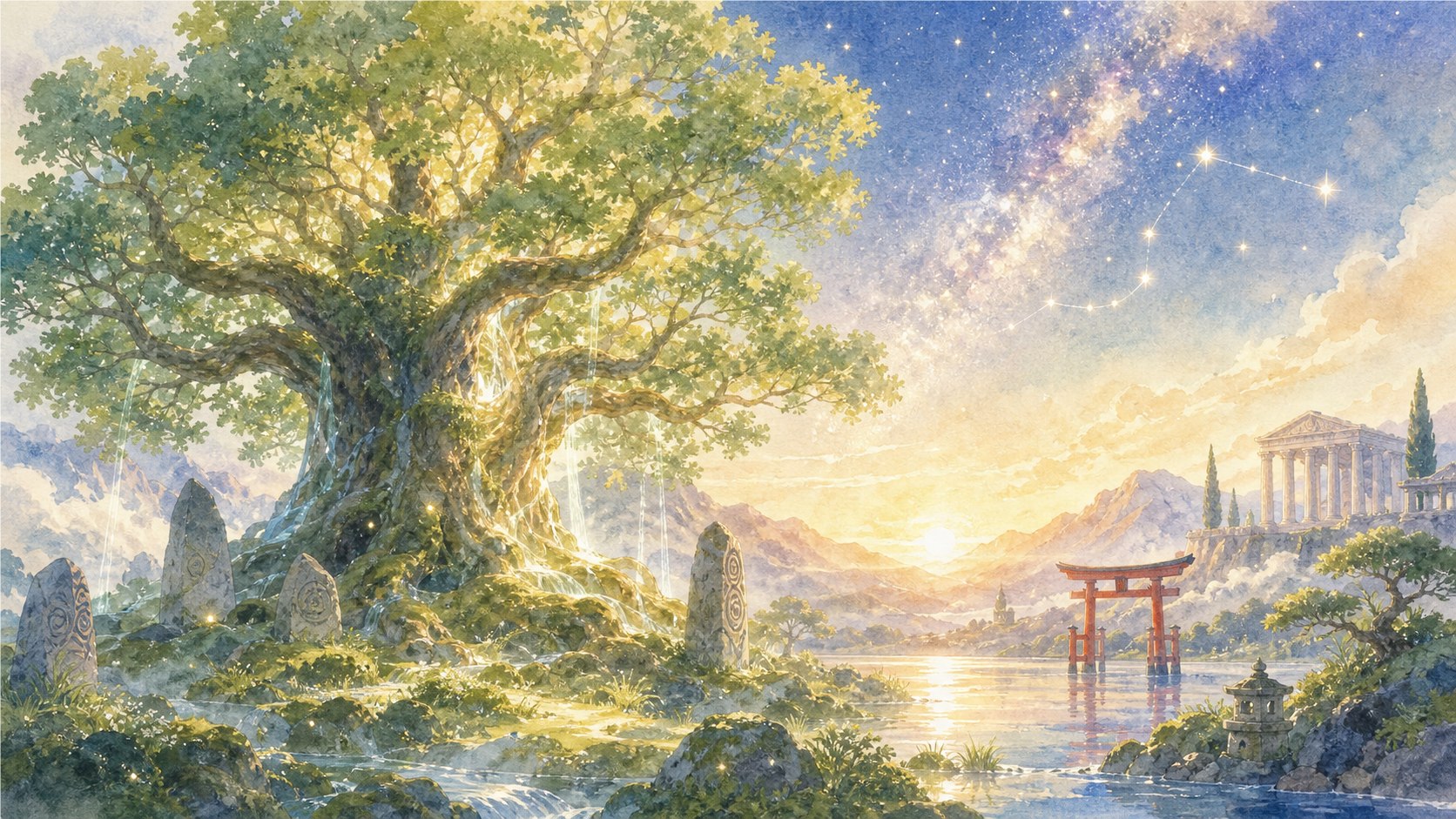 北欧神話の世界樹や日本神話の鳥居を重ねた明るい神話時代の水彩イラスト