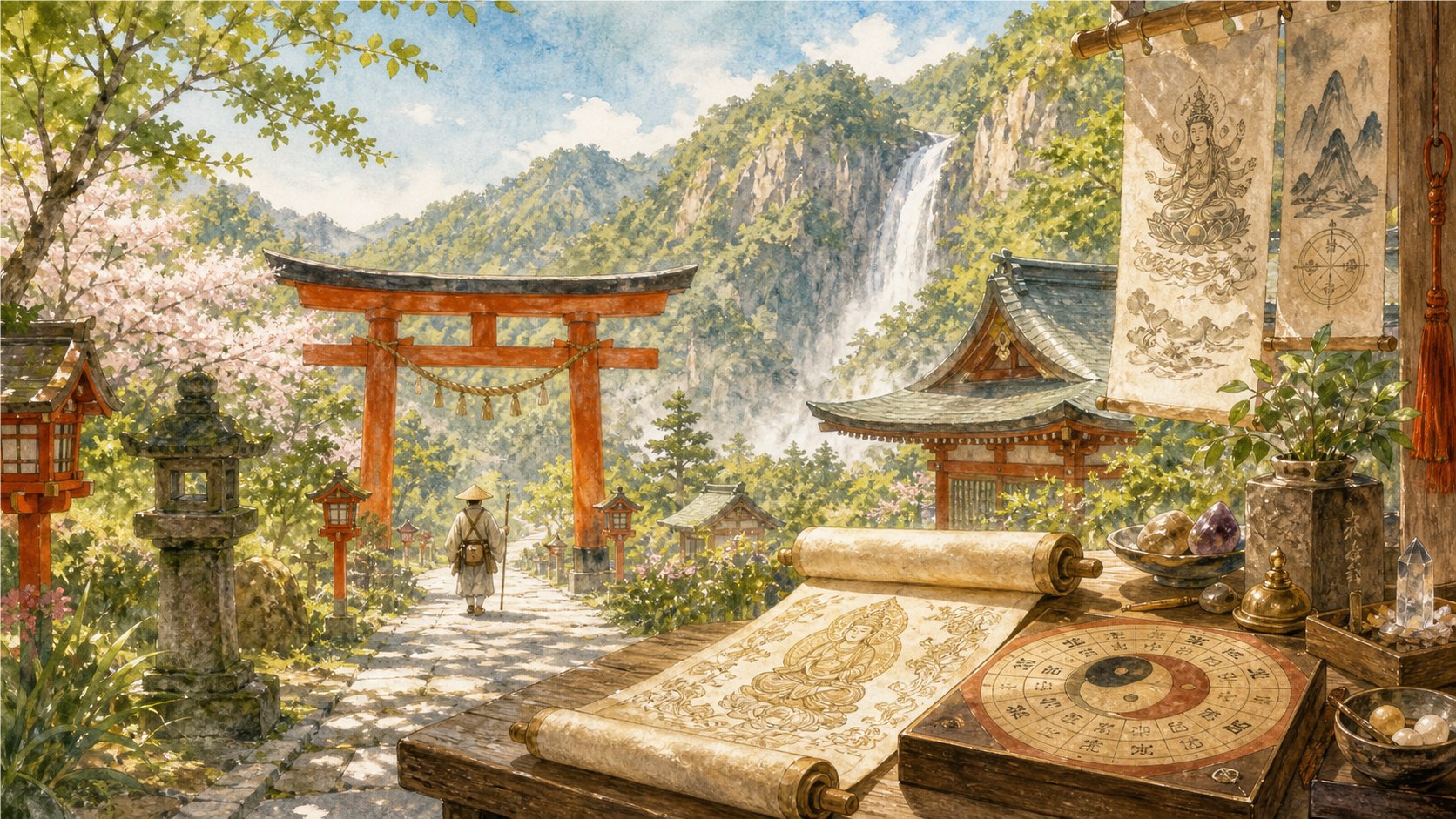 神道や修験道や陰陽道を象徴する鳥居と山道と滝の明るい水彩イラスト